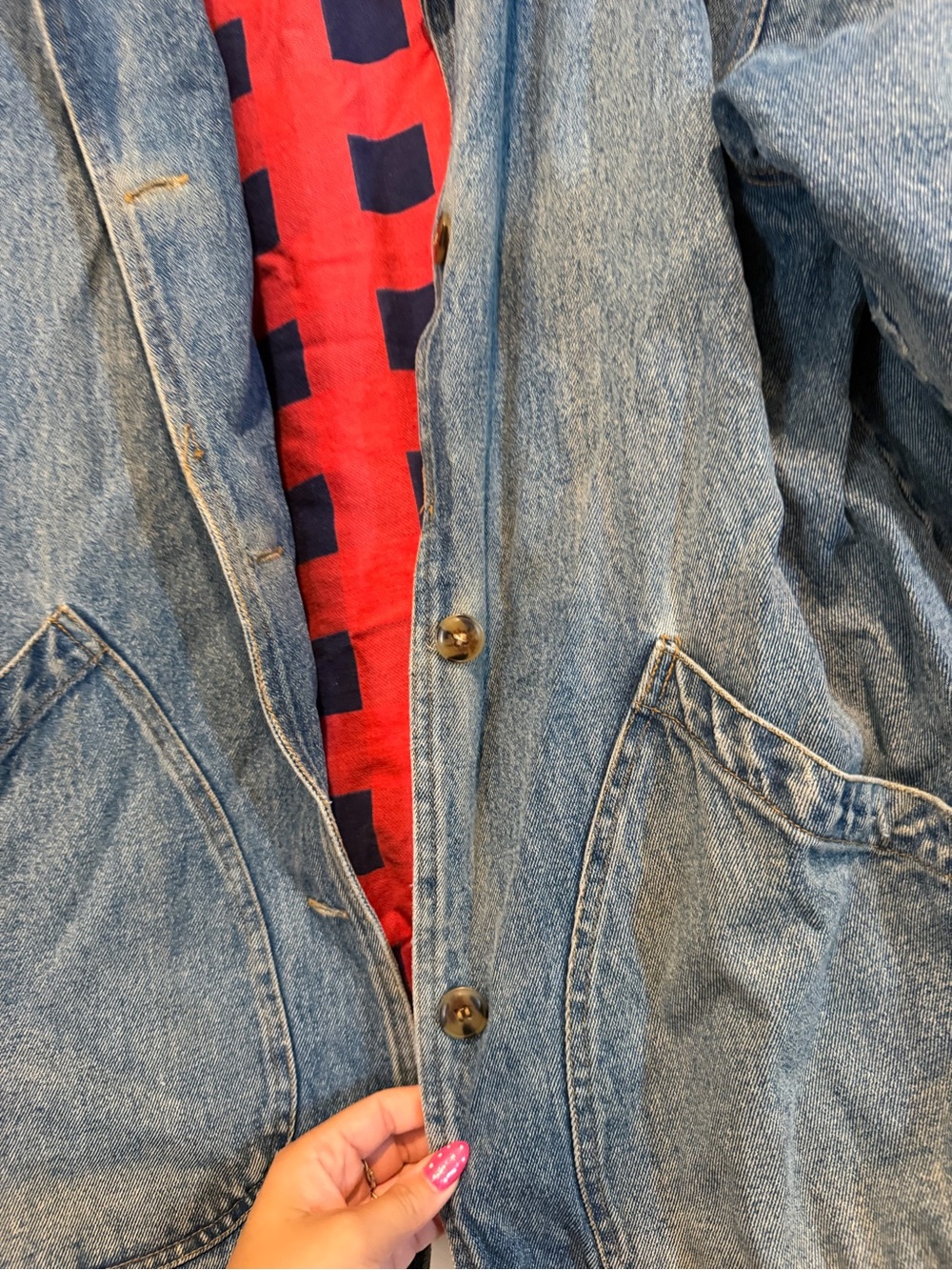 Vintage Women’s Denim Jacket with Red Plaid Lining 100% Cotton - Picture 4 of 6